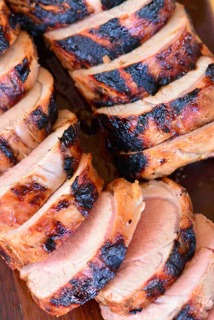 grilled and cut pork tenderloin from above