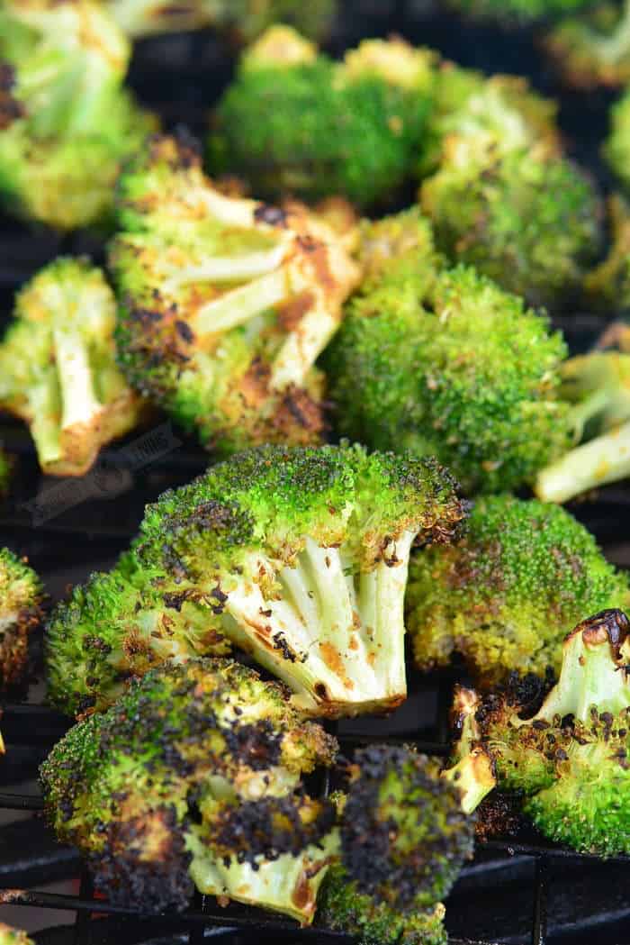 close up of grilled broccoli on the grill