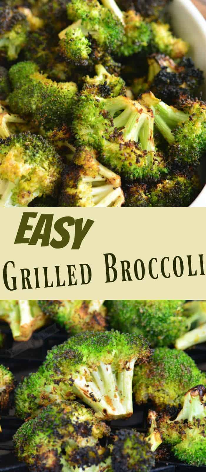 collage on two images of cooked broccoli 