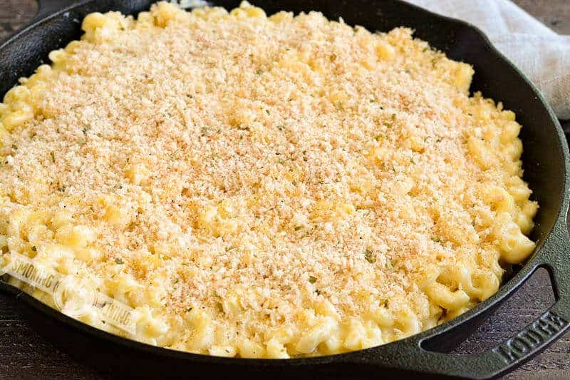 pasta with topping in a skillet before smoking