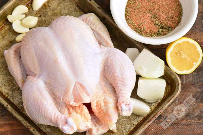 raw chicken with garlic, lemon, onion, and chicken spice rub around it