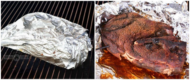 collage of pork wrapped in foil on the left and unwrapped pork on the right