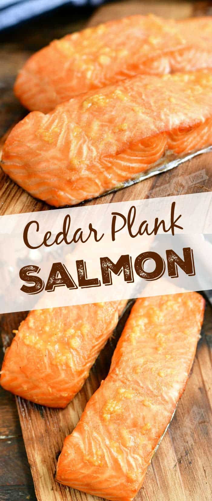 collage of two images of grilled salmon on a singed wood plank