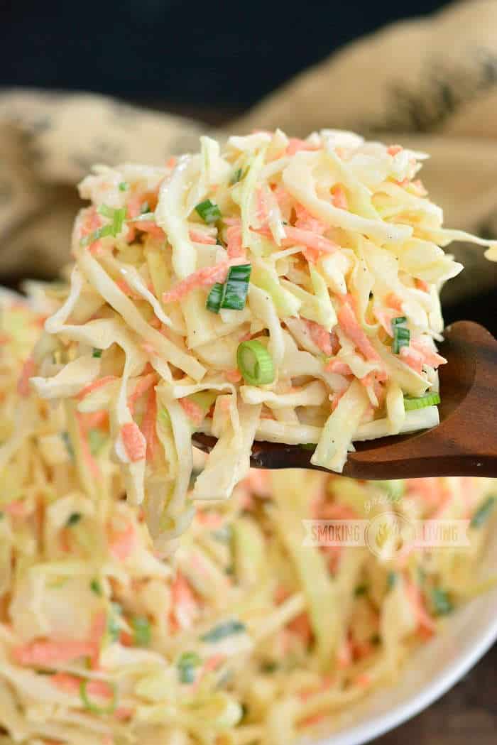 spoonful of slaw on the wooden spoon