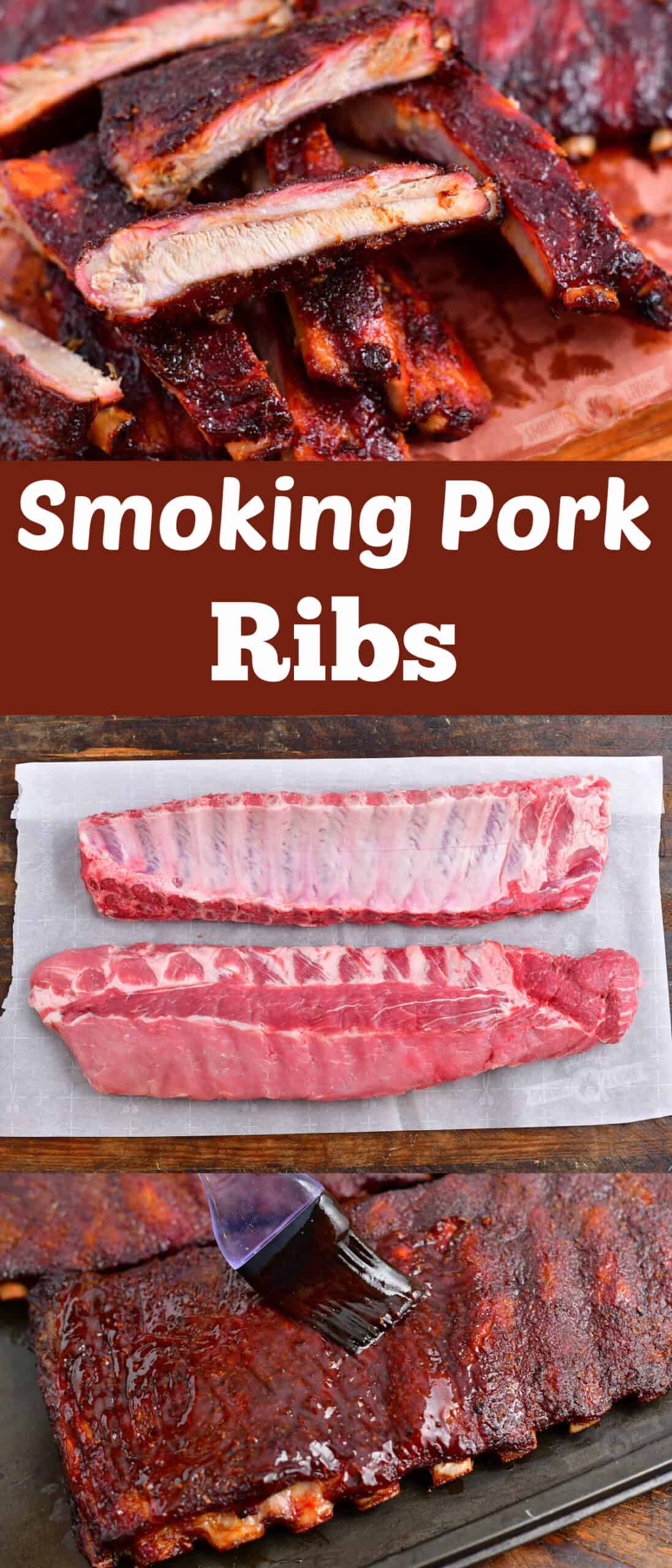 title collage of three images two of cooked ribs and one of raw rib racks