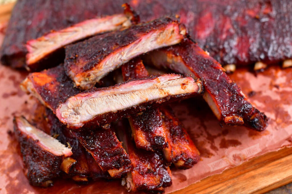 smoked ribs cut onto individual pieces