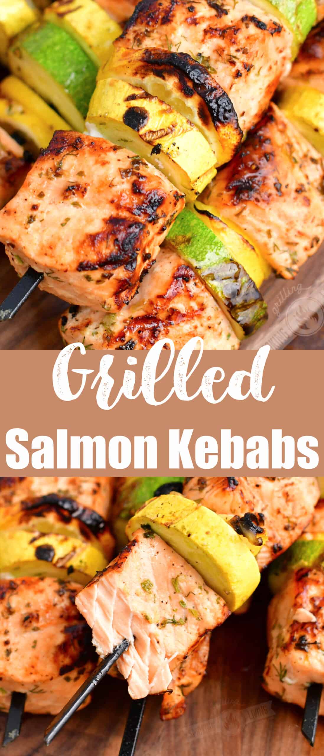 title collage of two images close up of grilled salmon and vegetables