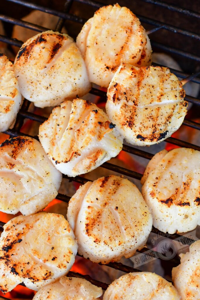 grilled scallops on the grill grate over charcoal