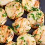 closeup of grilled scallops on the plate with butter and herbs