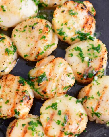 closeup of grilled scallops on the plate with butter and herbs