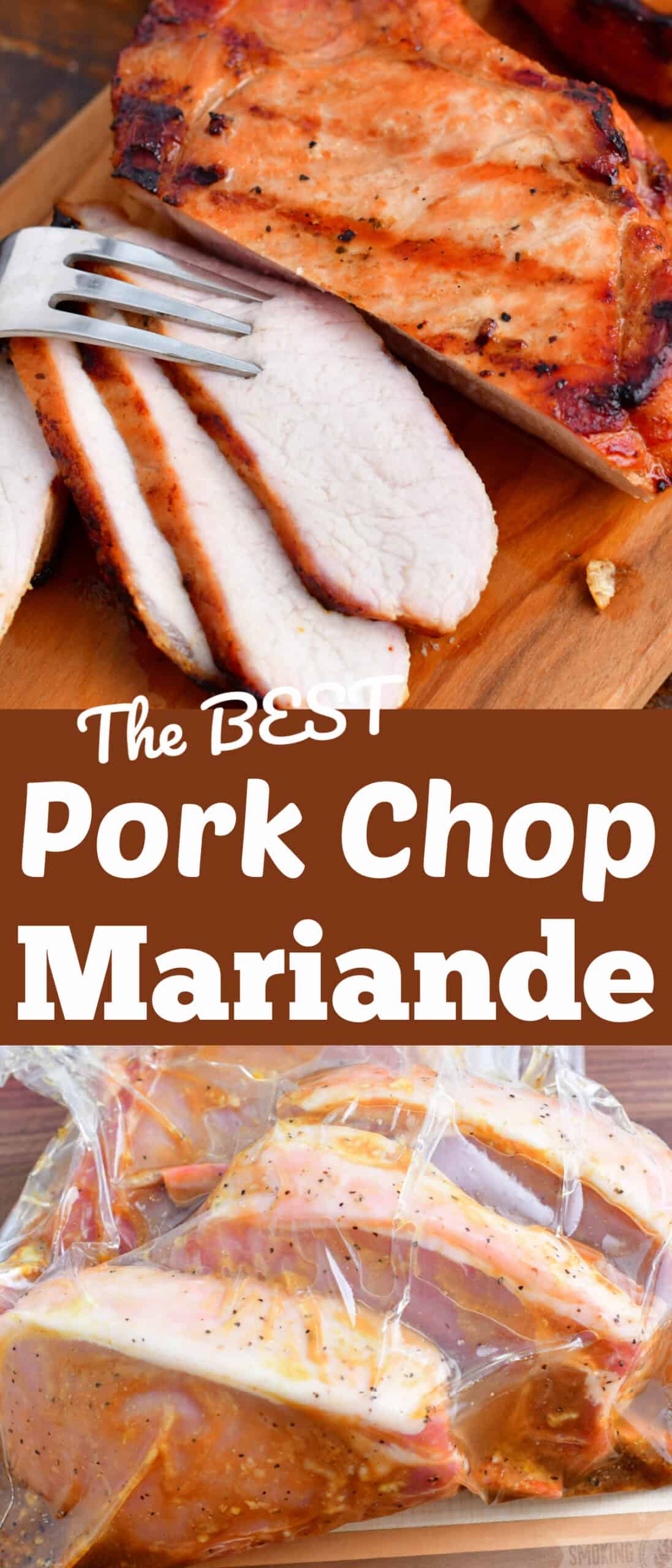 title collage of sliced pork chop and marinating pork