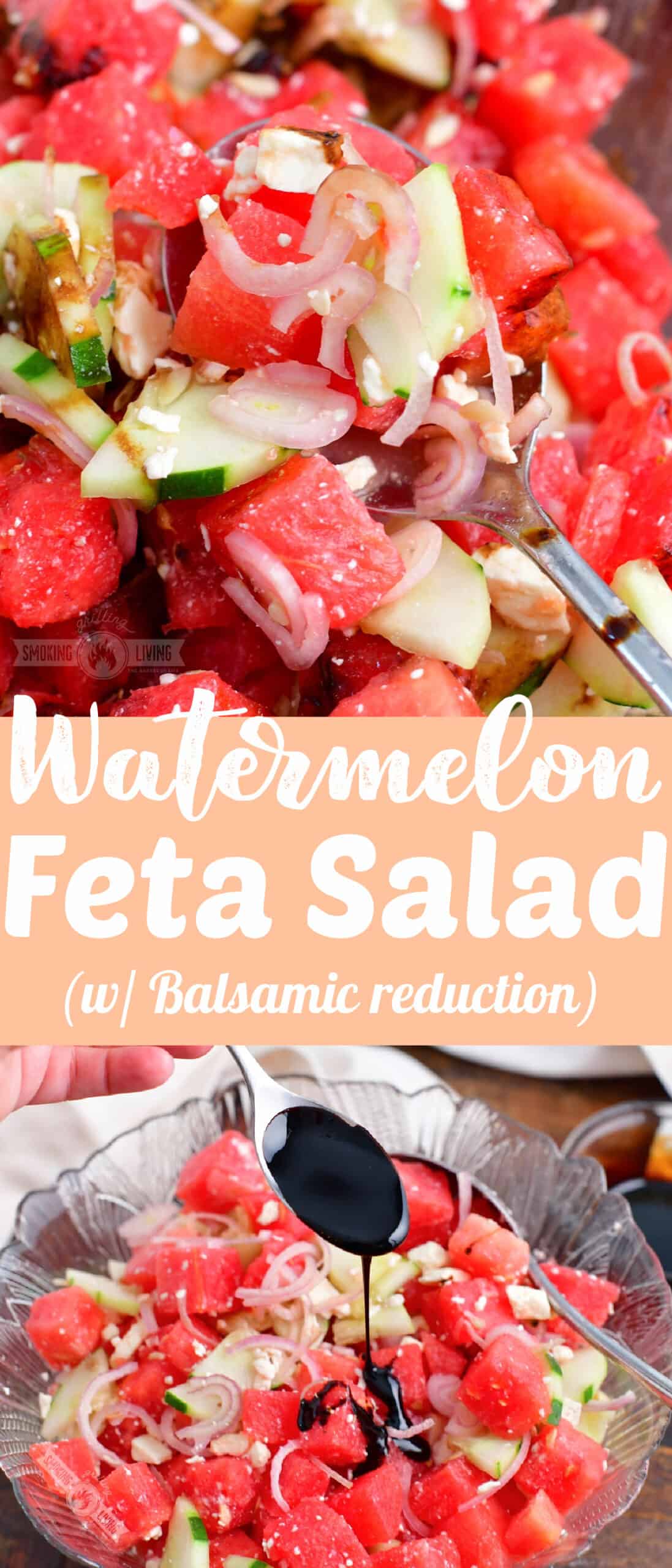 title collage with two images of watermelon salad and a recipe title in the middle