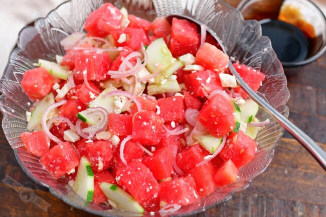 watermelon salad without the balsamic reduction mixed in a bowl