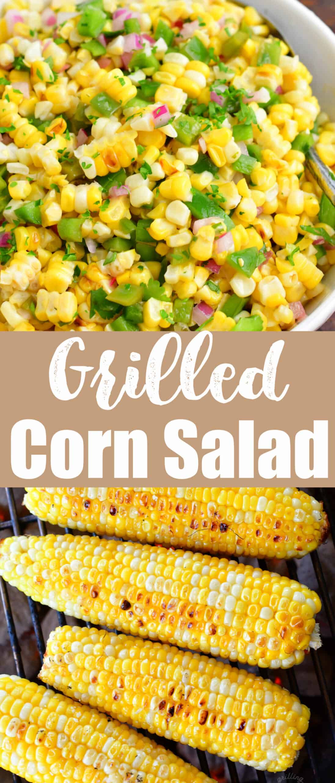 collage of two images of corn salad in a bowl and grilled corn on a grill with title