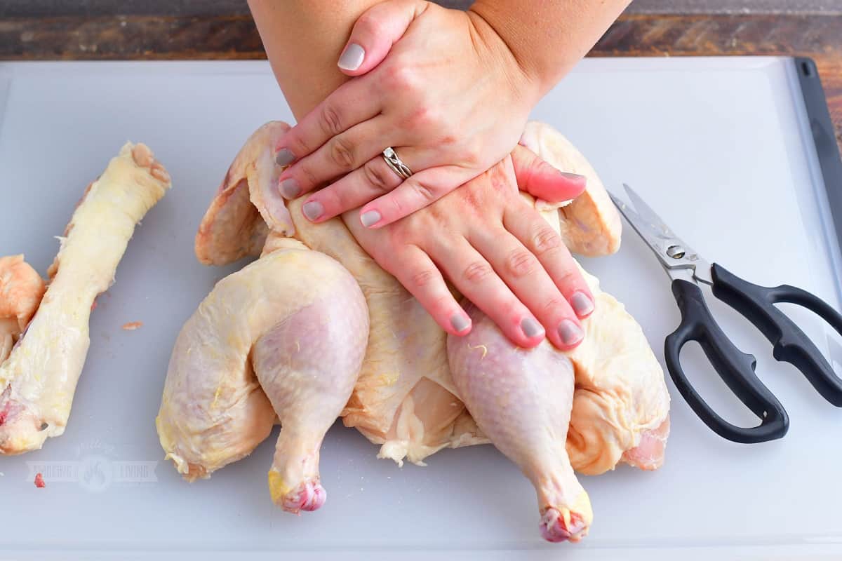 pushing on the breastplate of the butterflied chicken