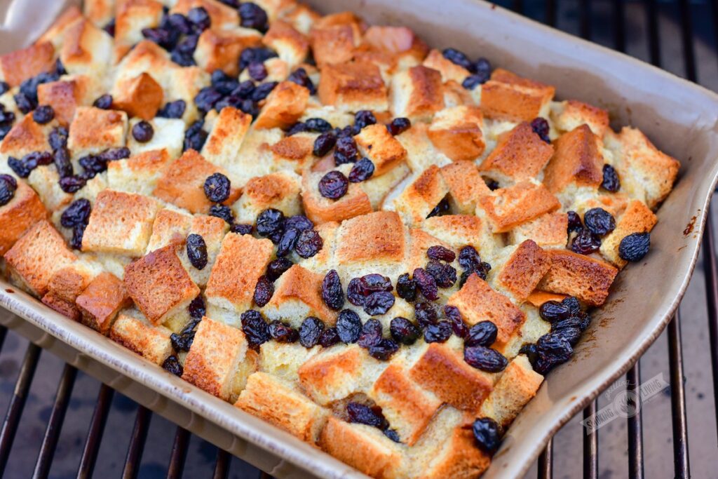 baked bread pudding on the smoker