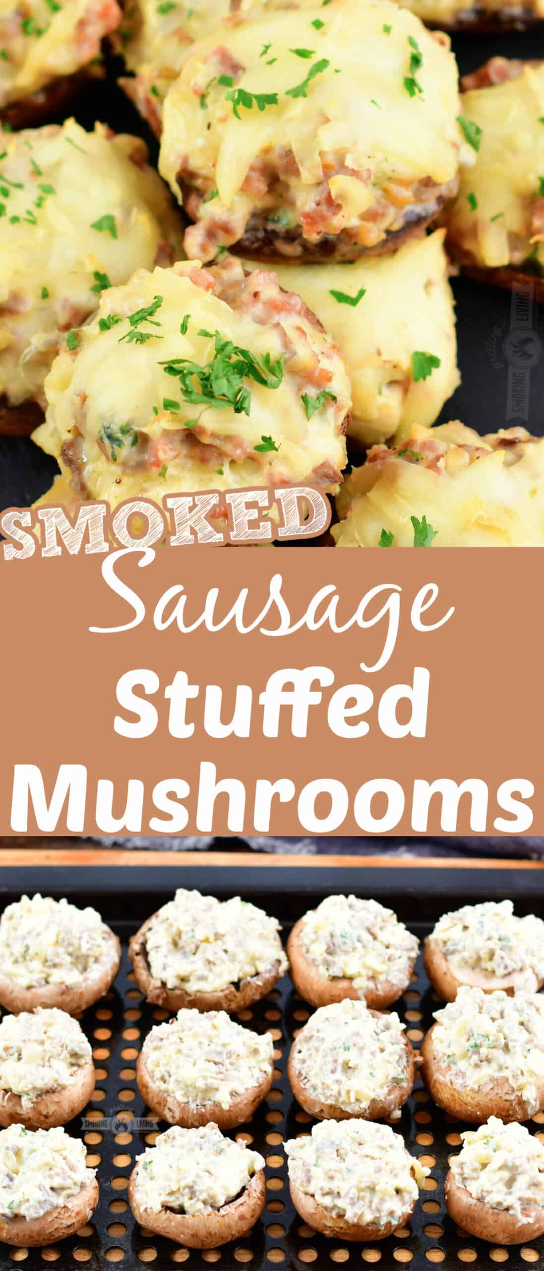 collage of two images of smoked mushrooms and stuffed mushrooms