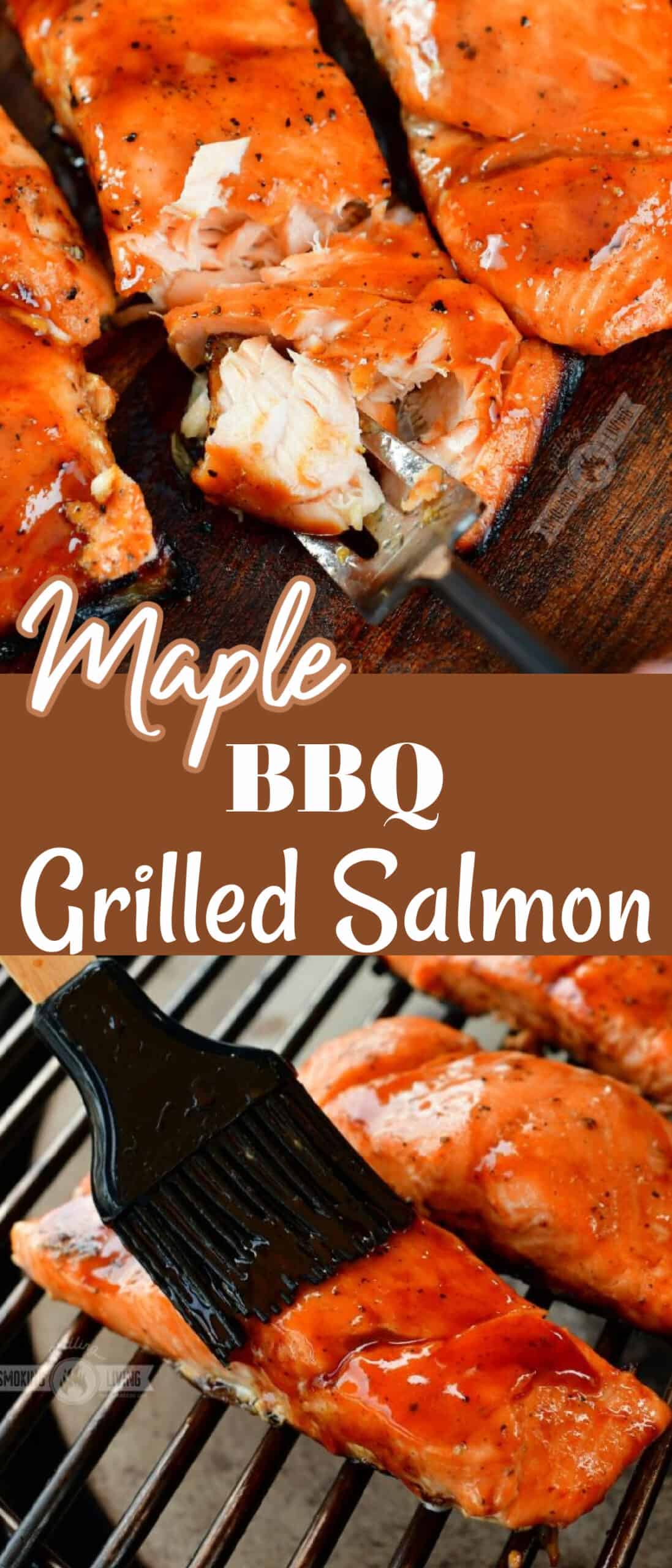 collage of two images of close up grilled salmon and brushing it with glaze