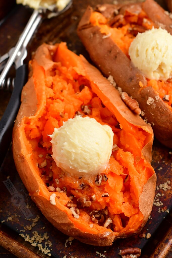 top view of sweet potato with maple butter and pecans