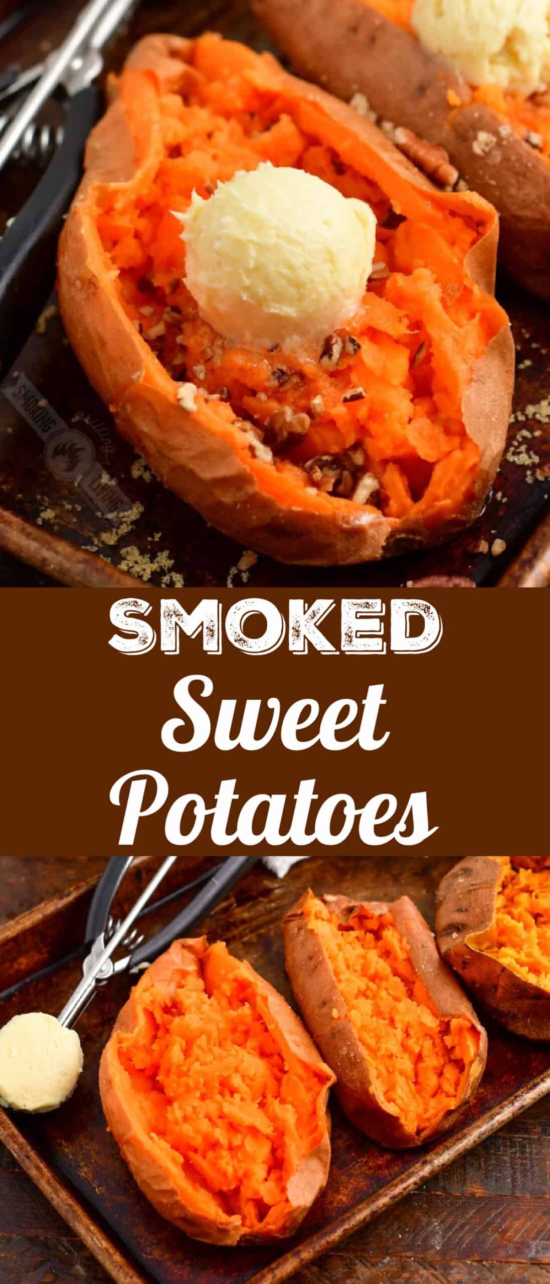 collage of two images of sweet potatoes with maple butter