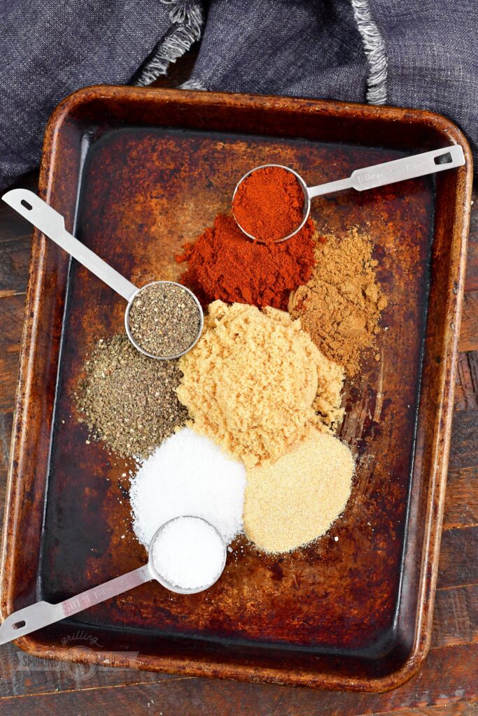 top view of spices of the beef rub on baking sheet