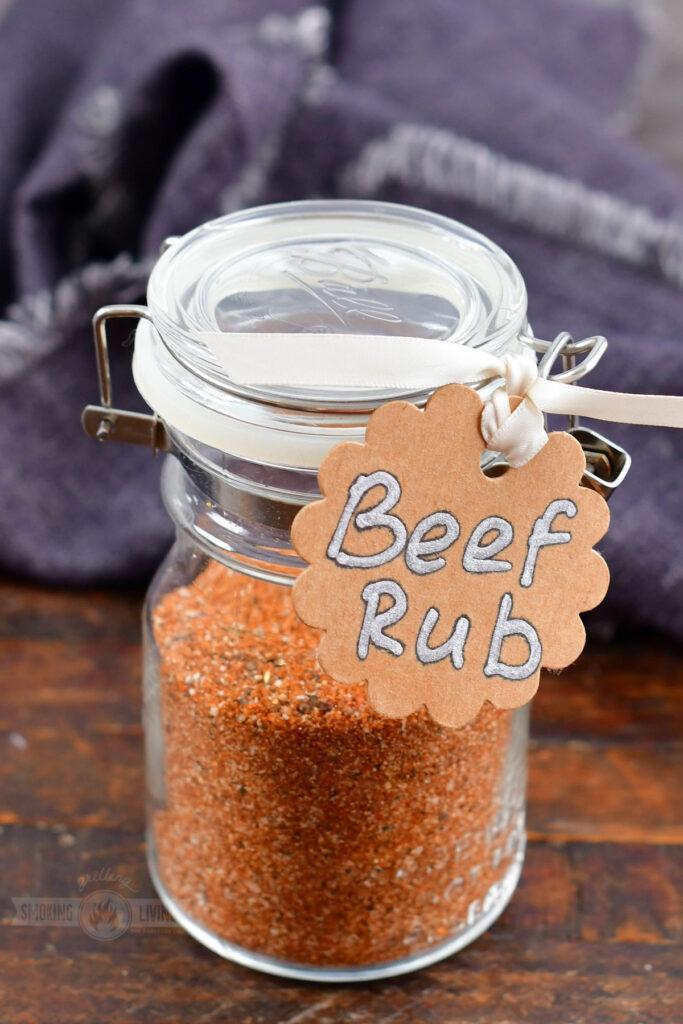 closeup closed jar of beef rub with a label