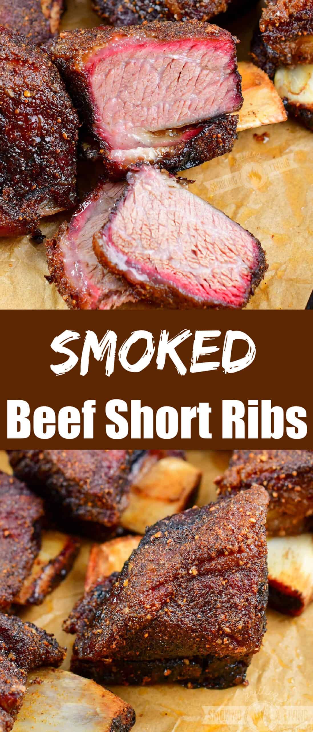 collage of two images of smoked short ribs sliced and whole