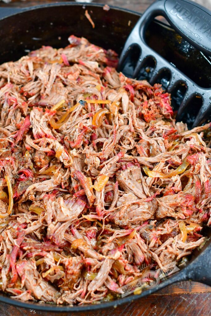 pulled smoked beef chuck in a skillet