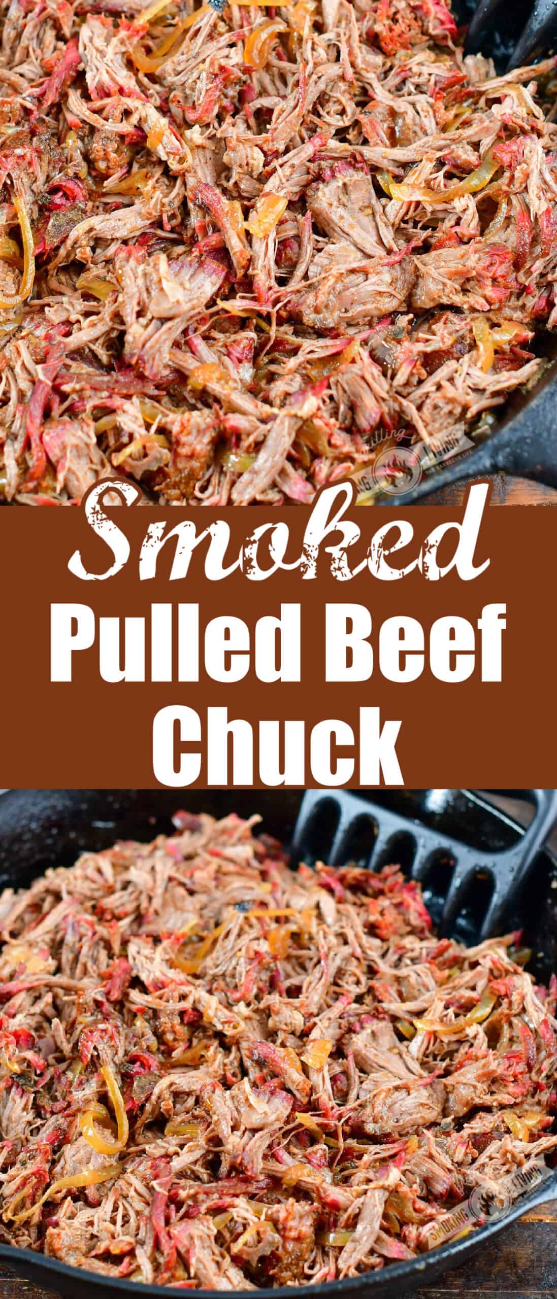 collage of two images of pulled beef in a skillet and title