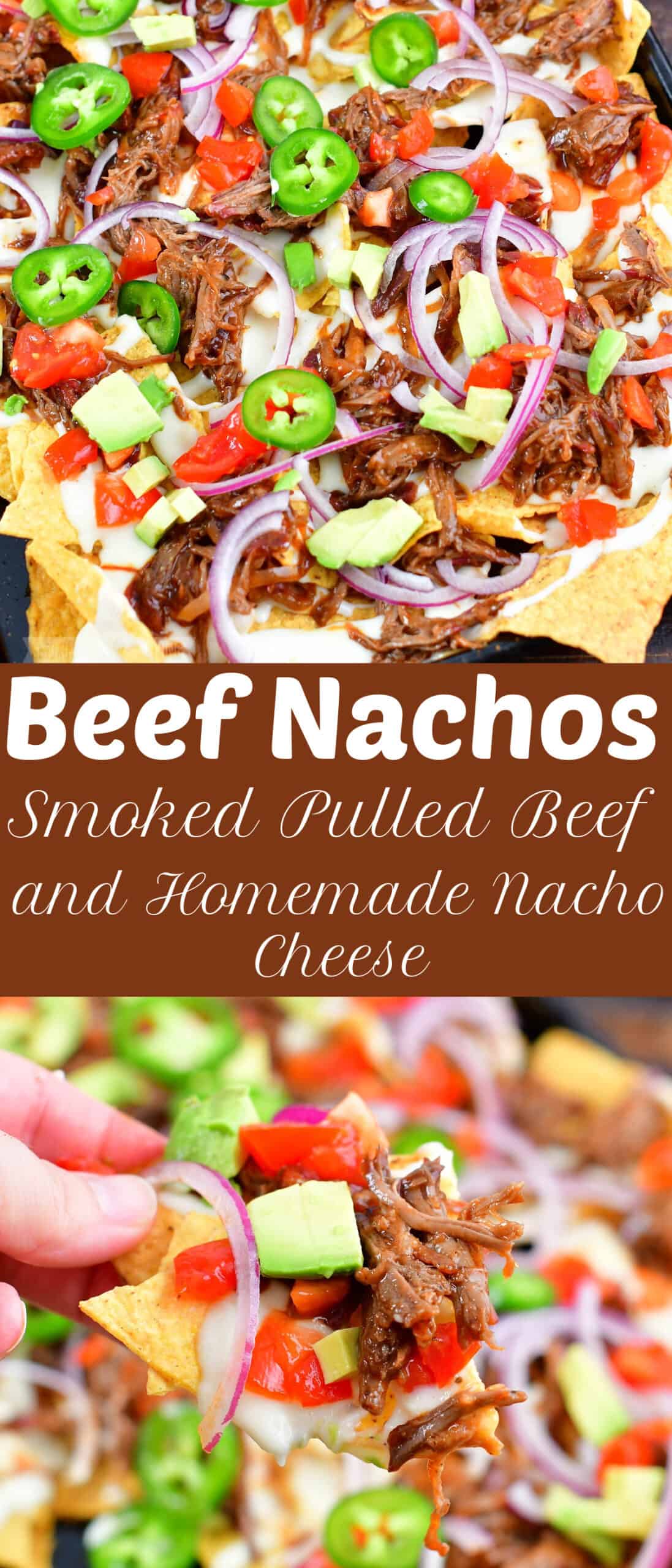 collage of two images of closeup beef nachos and title