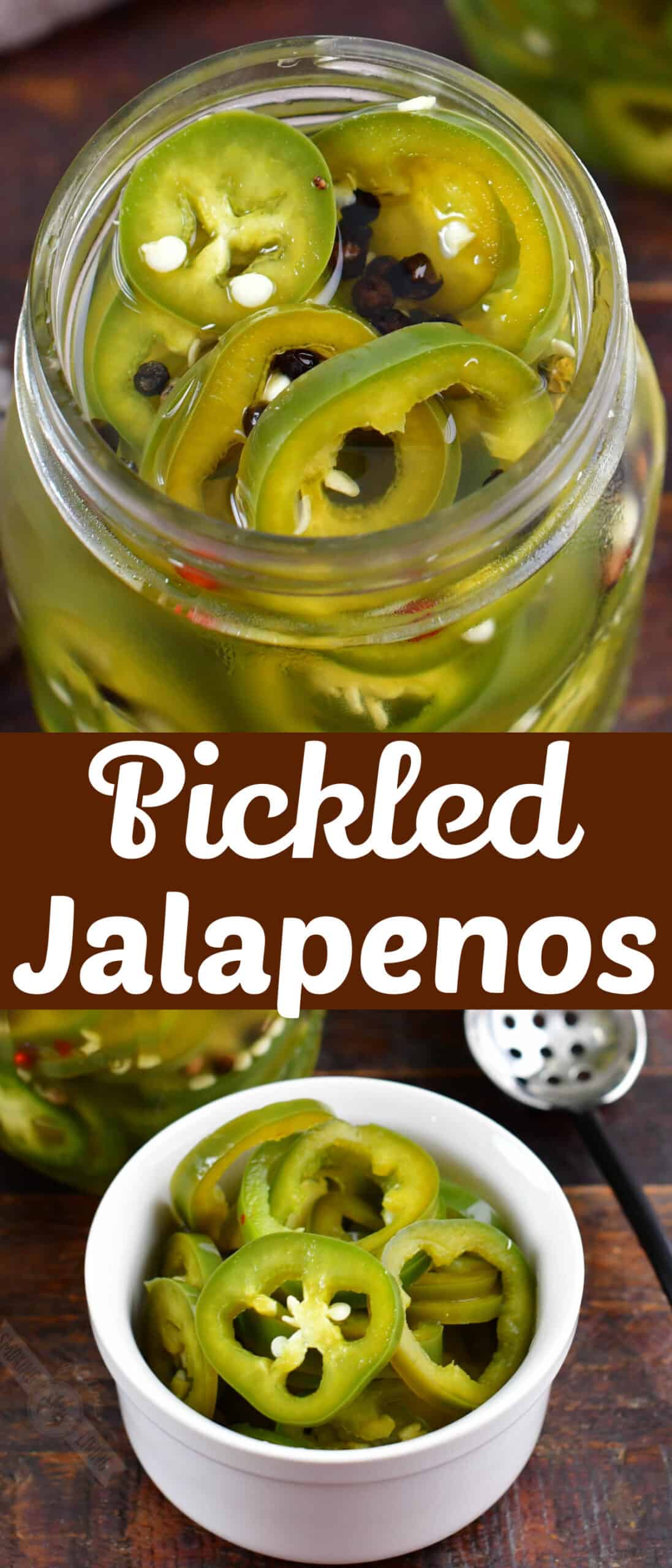 two images of pickled jalapenos in a jar and in a bowl