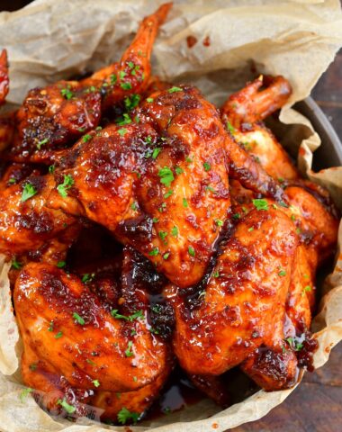 top view of basket with glazed chicken wings