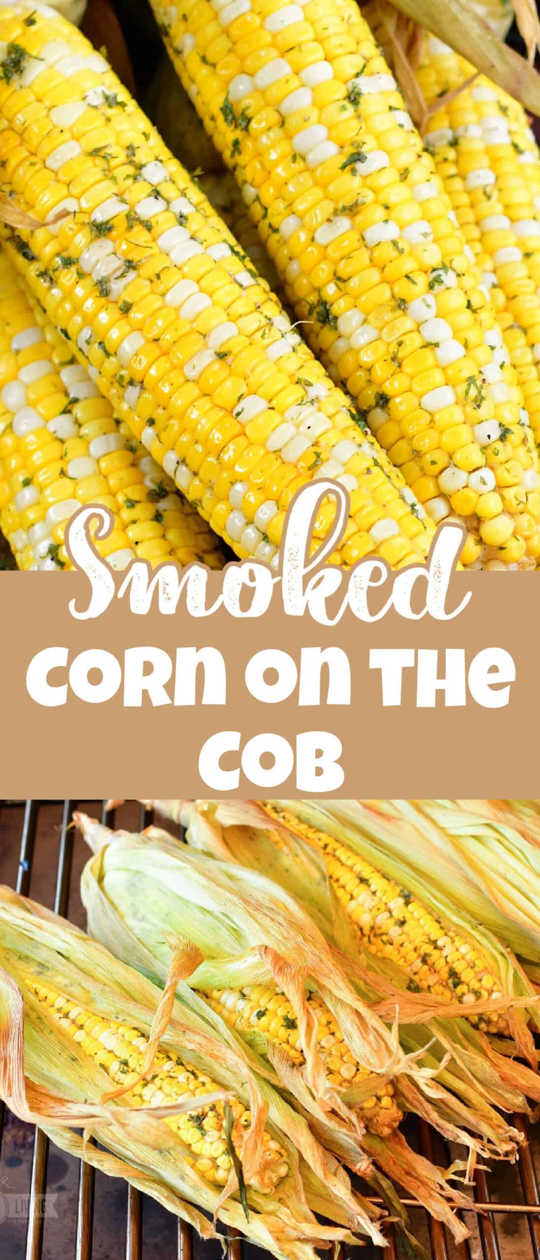 title collage of two images of smoked corn on the cob