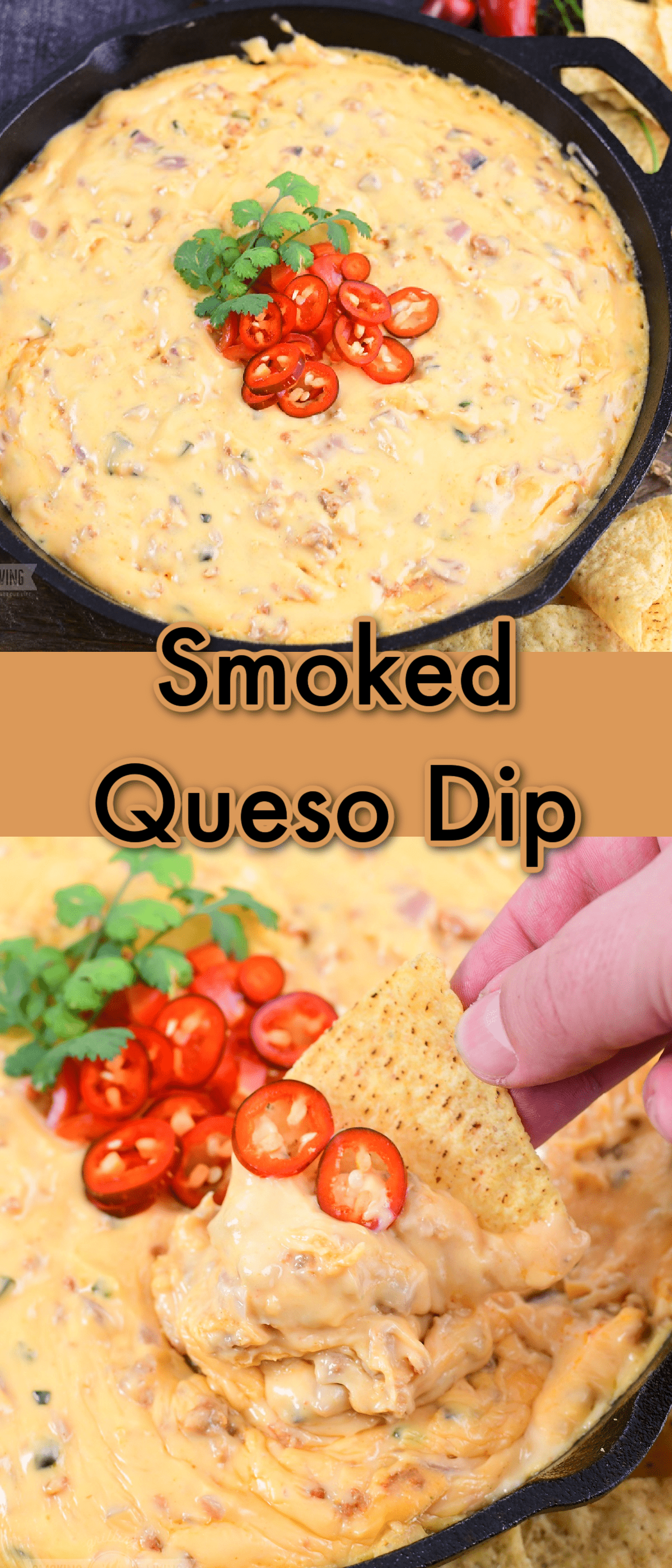 Collage of two close up images of queso dip