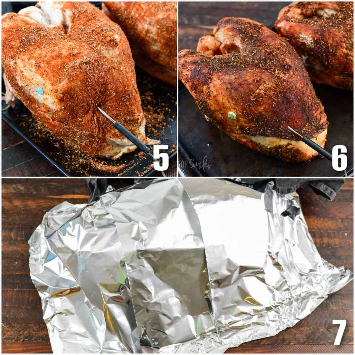 collage of three images of adding thermometer to the turkey and cooked and tented.