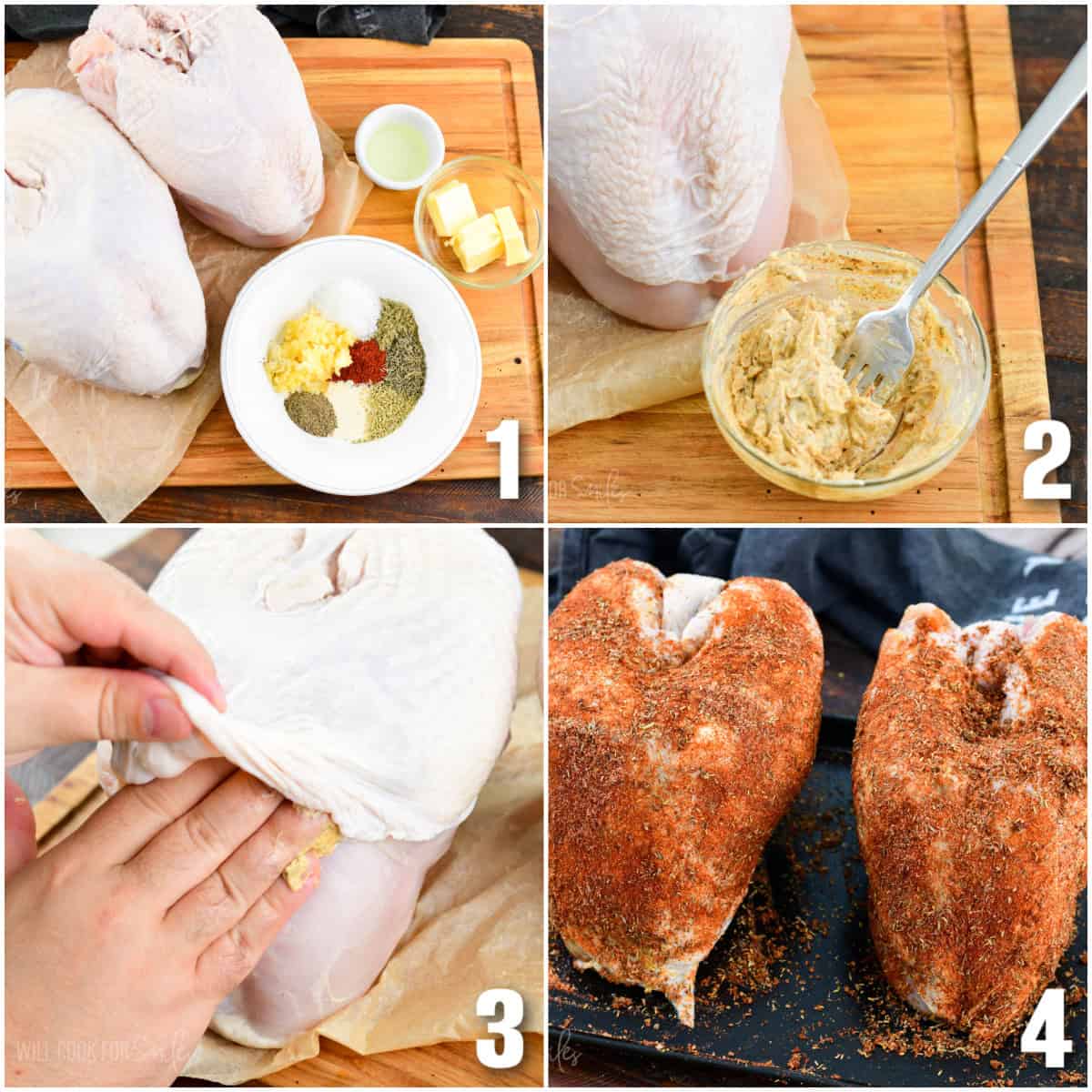 collage of four images of preparing the turkey breast by rubbing butter under skin and coated in seasoning.